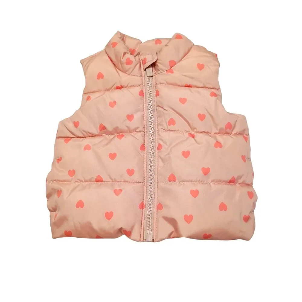 Infant Girl Old Navy Puffer Vest Sz 0-3M Zip Front Waterproof Pink Hearts Jacket
